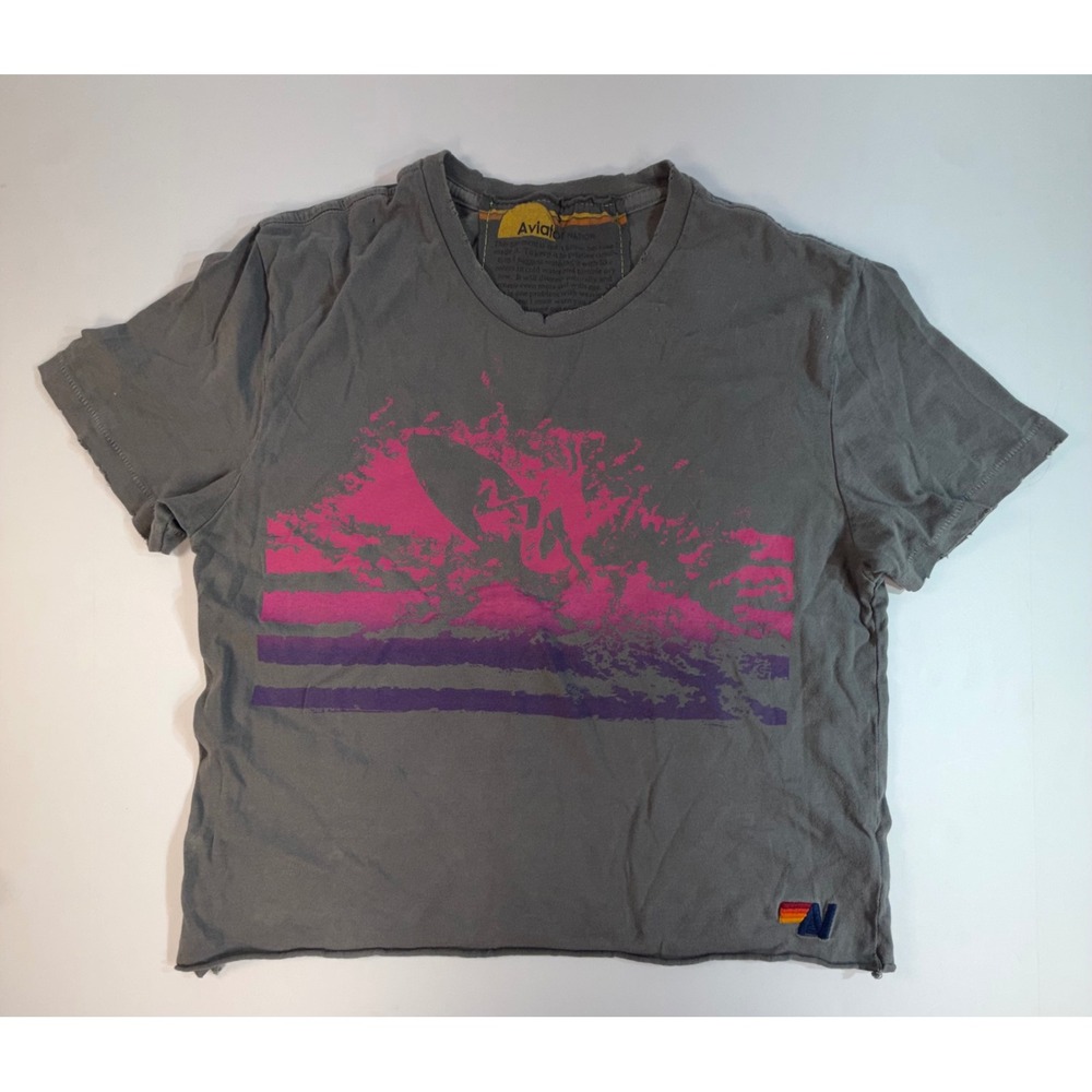Aviator Nation Gray Pink Surfer Graphic V-Neck Raw Hem Crop Tee Shirt Small